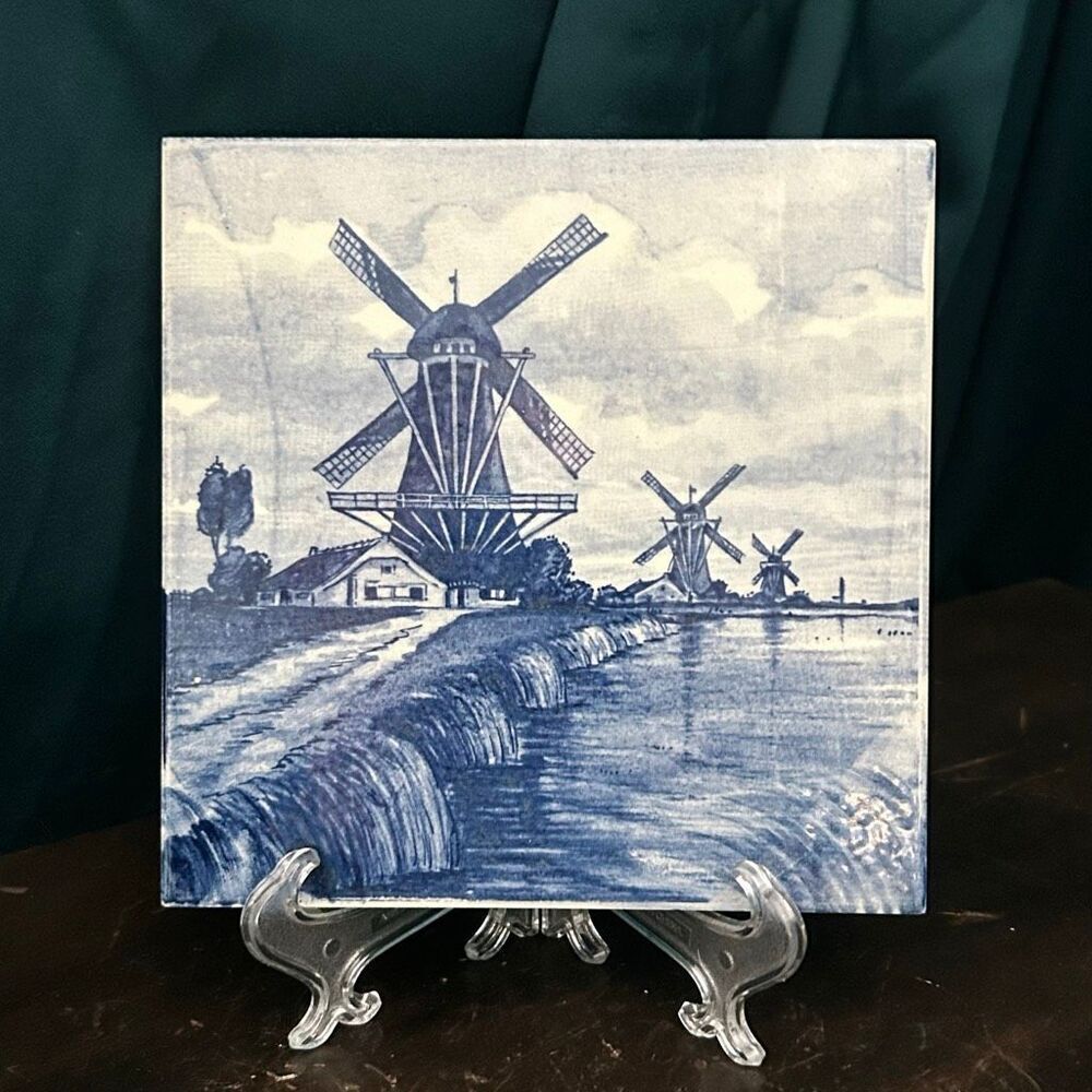 Decorative Dutch Delft Blue Windmill Art Tile 6”